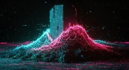 Aufkleber - Futuristic landscape with glowing pink and cyan mountains and a monolithic structure, showcasing a blend of technology and nature in a digital world