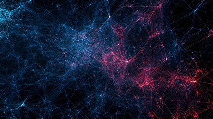 Abstract Network: Glowing Blue and Red Nodes in a Dark Cosmic Web