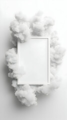 Poster - White Frame Surrounded by Fluffy White Smoke Clouds on White Background