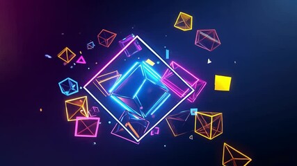 Poster - Vibrant Neon Geometric Shapes in Dark Background, Illuminated Triangles and Diamonds, Colorful Light Effects for Abstract Digital Art