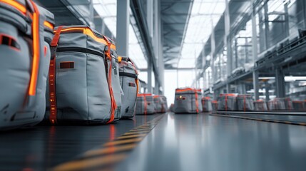 Poster - Modern Urban Shipping Center with Cargo Bags in a Dynamic Setting