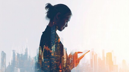 Poster - Businesswoman Using Tablet with Double Exposure City Background