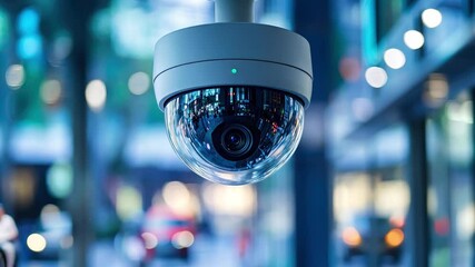 Poster - Modern CCTV Security Camera Installed Outdoors for Enhanced Surveillance and Protection in Urban Environment with Blue Bokeh Background