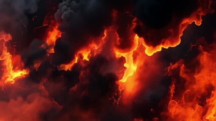 Poster - intense flames erupting against dark clouds in a vibrant background of fiery orange and red colors, 