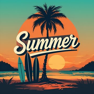 Summer lettering with beach and ocean