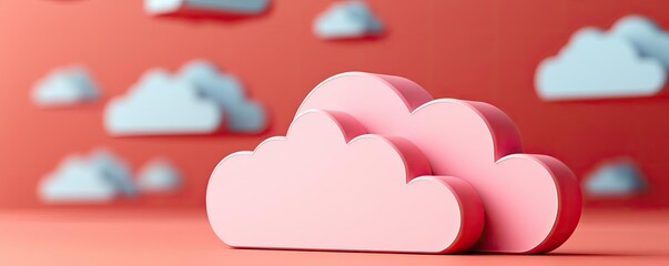 Poster - Cloud server intelligent system managing globalization concept. Stylized pink and blue clouds on a pastel red background.