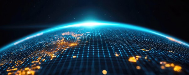 Poster - Clouds server intelligent systems managing innovation on earth concept. Stunning view of Earth from space showcasing networked cities.