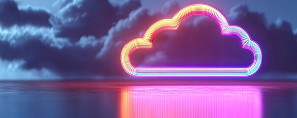 Poster - Cloud server intelligent system managing globalization concept. Vibrant neon cloud reflecting on water at twilight.