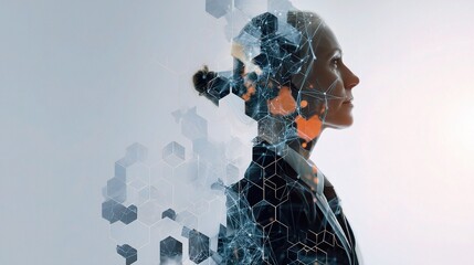 Poster - Double Exposure Businesswoman with Futuristic Technology Elements