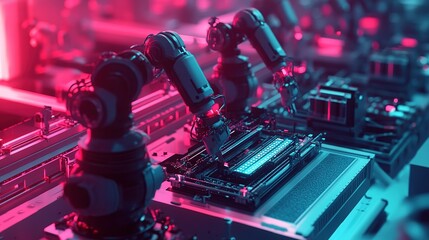 Poster - Engineers supervising an intelligent automated assembly line with AI.