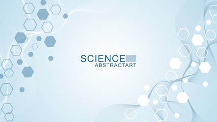Poster - modern scientific background with hexagons, lines and dots. wave flow abstract background. molecular