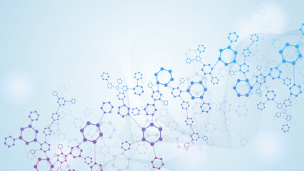 Poster - modern scientific background with hexagons, lines and dots. wave flow abstract background. molecular