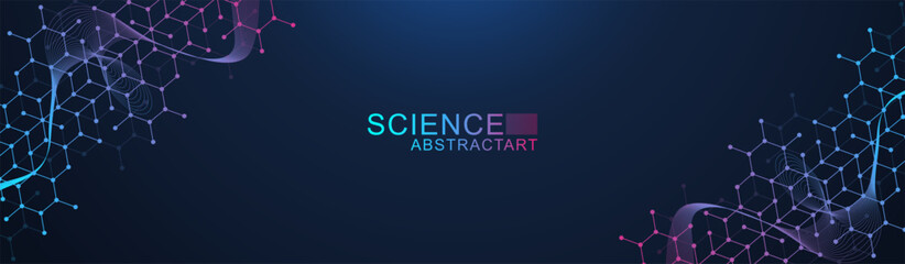Poster - Science network pattern, connecting lines and dots. Technology hexagons structure or molecular connect elements.