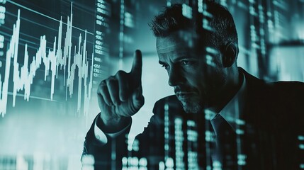 Poster - Businessman Pointing at Data Graphs in Double Exposure Effect
