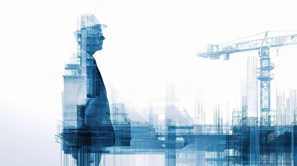 Poster - Silhouette of Engineer Overlapping Construction Elements in Blue