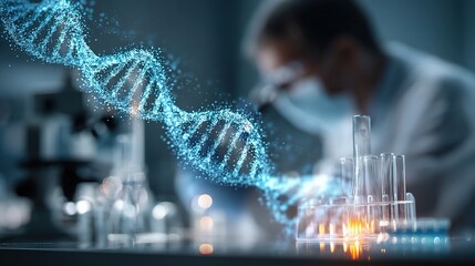 Poster - double exposure of scientist working in lab with dna visualization