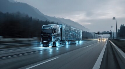 Poster - Futuristic Self-Driving Truck on Smart Highway at Dusk