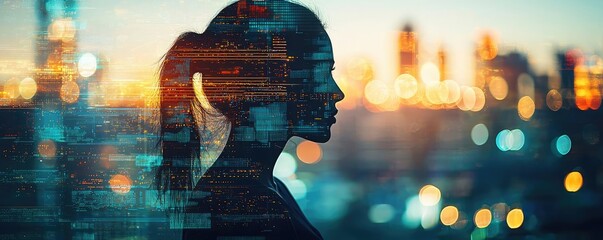 Poster - Silhouette of women progress in atmospheric industrial city concept. Silhouette of a woman with a digital city backdrop at dusk.