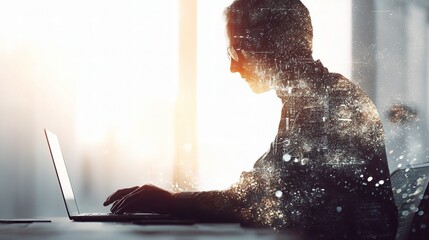 Poster - Double Exposure of Business Person Working on Laptop in Office