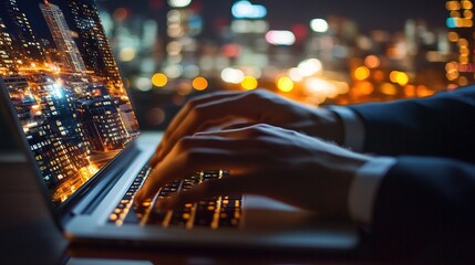 Poster - Close-up of Accountants' Hands Typing on Laptop at Night