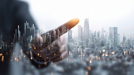 Poster - Businessman Hand Pointing Double Exposure with Cityscape Background