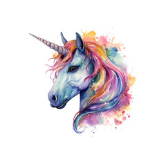  Watercolor Unicorn Head Clipart with Rainbow Hair – Fantasy Illustration PNG, Vibrant Hand-Painted Style, Magical Creature Art for Nursery Decor, Invitations, Sublimation, Crafts, and Digital Projects