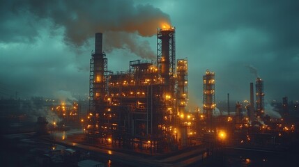 Poster - Heavy machinery and towering structures are illuminated as the industrial facility engages in mining and excavation activities, producing energy against a stormy backdrop.