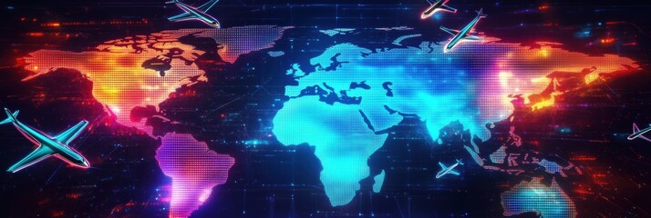 Aufkleber - Explore a vibrant abstract world map with glowing airplane icons and travel routes in a neon futuristic aesthetic