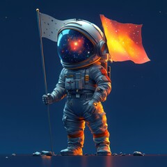 an illustrated astronaut holding flags with cosmos displayed in helmet
