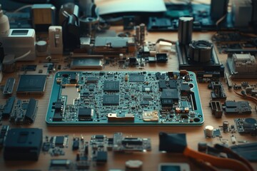 Poster - A complex arrangement of electronic components, microchips, and circuit boards, creating a technical, industrial, and technological landscape.
