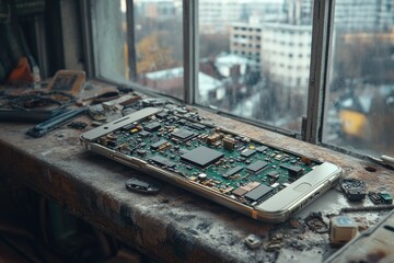 Aufkleber - Open smartphone revealing its internal components laid on a dusty, worn windowsill with a city view.