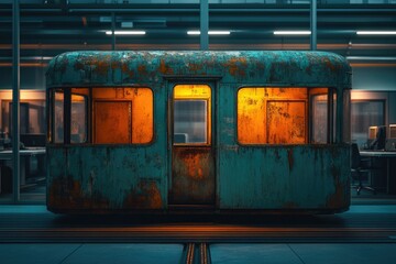 Aufkleber - A weathered, teal train car with warmly lit interiors, sitting stationary in a modern, industrial space.