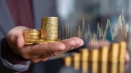 Poster - Businessman Holding Golden Coins with Financial Data Chart in Background