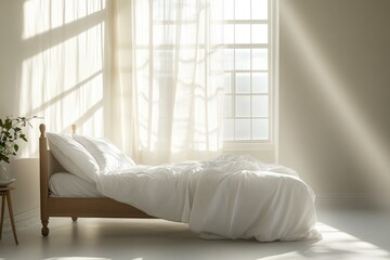 Poster - Sunlit bedroom scene with a made bed and sheer curtains filtering light, creating a serene and inviting atmosphere.