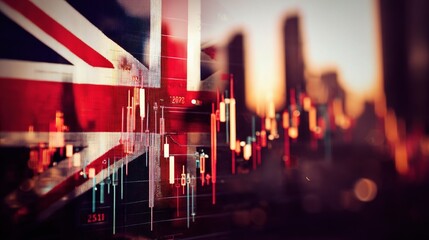 Poster - UK Flag Background with Stock Exchange Trading Graphs and Data