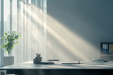 Poster - An office scene with a desk, stationery, and a plant, bathed in sunlight streaming through blinds, creating a peaceful atmosphere.
