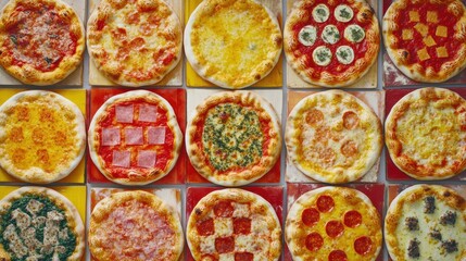 Poster - Colorful array of pizzas arranged in a vibrant chessboard pattern featuring various toppings and sauces, perfect for any gathering or event