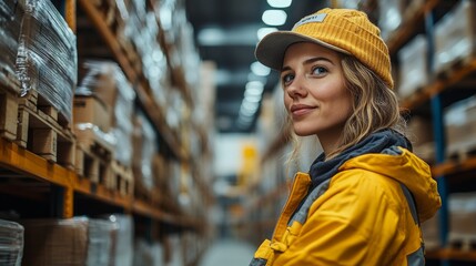 Leinwandbilder - Warehouse professional wearing a yellow cap and jacket surveys the aisles filled with goods in a modern logistics center dedicated to efficient distribution and fulfillment.