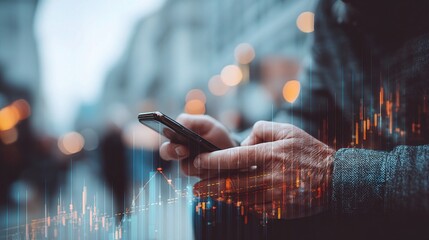 Poster - Hands Holding Smartphone with Double Exposure Effect in City Scene