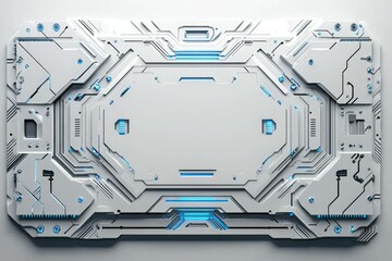 Poster - Futuristic white panel with intricate geometric designs and blue accents, resembling advanced technology or spacecraft elements.