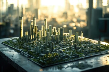 Poster - A detailed miniature city model with many skyscrapers and greenery against a blurred, bright background, casting a golden hue.