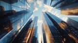 Worm's eye view of modern glass skyscrapers reaching high towards a partly cloudy sky above them