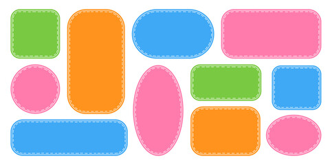 Poster - Colorful stitched label set in various shapes. Simple flat frames with dashed lines border. Great for tags, stickers, packaging labels, card, text highlight, social media, handmade product, DIY design