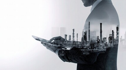 Poster - Businessperson Holding Tablet with Double Exposure Effect