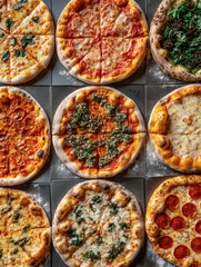 Poster - Delicious pizzas arranged in a colorful chessboard pattern featuring various toppings and vibrant sauces on a sunny afternoon