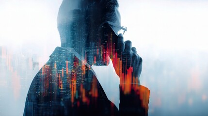 Poster - Double Exposure of Businessman Talking on Phone with Data Overlay