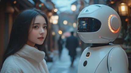 Fototapete - A robotic delivery companion stands next to a young woman in a bustling urban setting as evening falls, showcasing advancements in automation and last mile logistics.