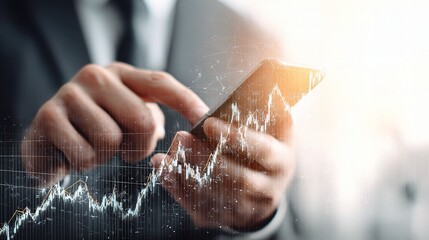 Poster - Businessman Hand Using Smartphone with Financial Data Overlay