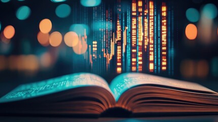 Poster - Open book revealing contemporary stock market technology concept. An open book with glowing digital data and binary codes above.