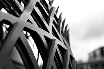Poster - Abstract monochrome close-up of a complex geometric metal structure, highlighting sharp lines and angular patterns against a blurred background and creating a dynamic visual texture.